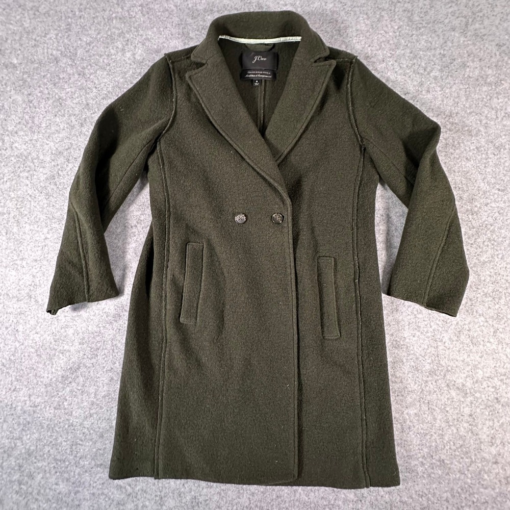 J. Crew Italian Boiled Wool Coat Womens 6 Green Double Breasted Long Jacket